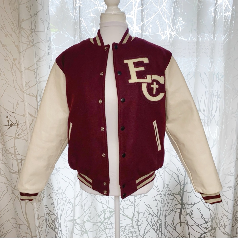 Vintage 1960’s burgundy dark red cream leather sleeves letterman jacket
